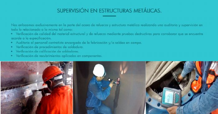 Pruebas no destructivas, Medición de espesores por ultrasonido, líquidos penetrantes, partículas magnéticas, Metalografias, Análisis químicos en campo 
